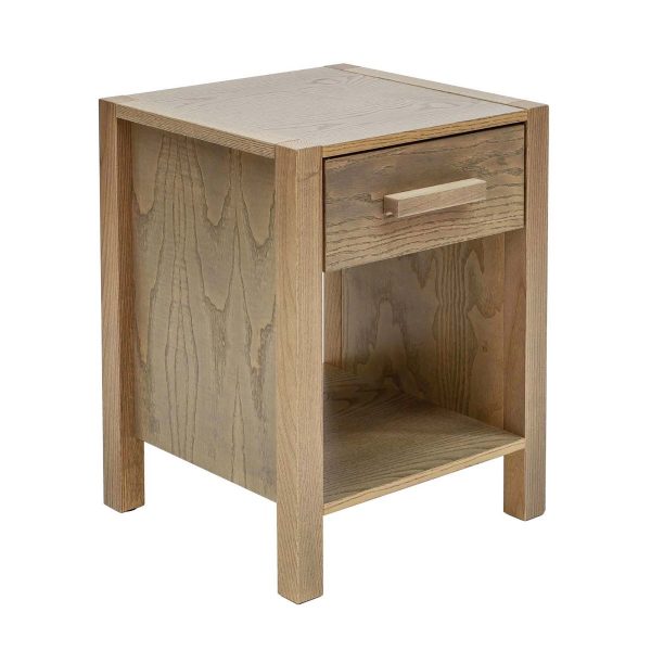 Woodland Grey wash Ash bedside table cupboard, with storage drawer and open cupboard underneath.
