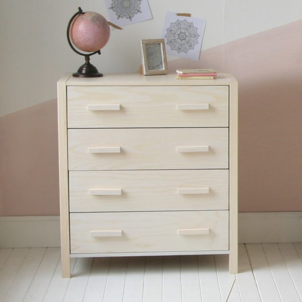 Solid ash wood chest of drawers for children, childrens furniture, with globe on top and pink background