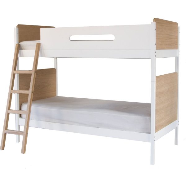The EDIT dividing bunk beds cut out in oak and white with ladder on the left hand side.