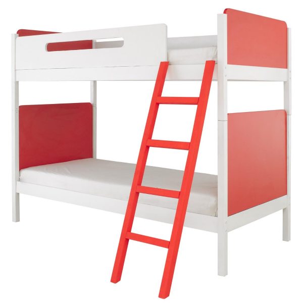 Cut out of bunk bed with red ladder and red end panels.