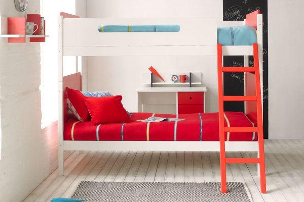 white bunk bed for kids with red ladder