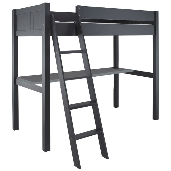Cut out of Fargo high sleeper loft bed with no background. Bunk bed with full length desk in painswick blue.
