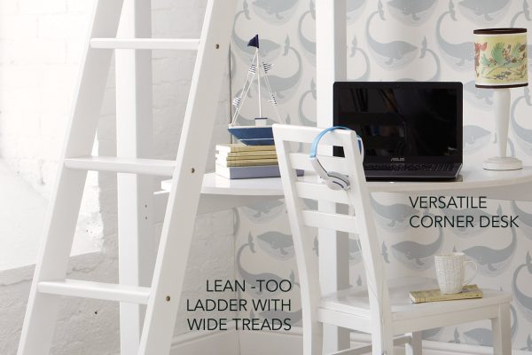 Detail of ladder with wide treads and the curved corner desk under the bed.