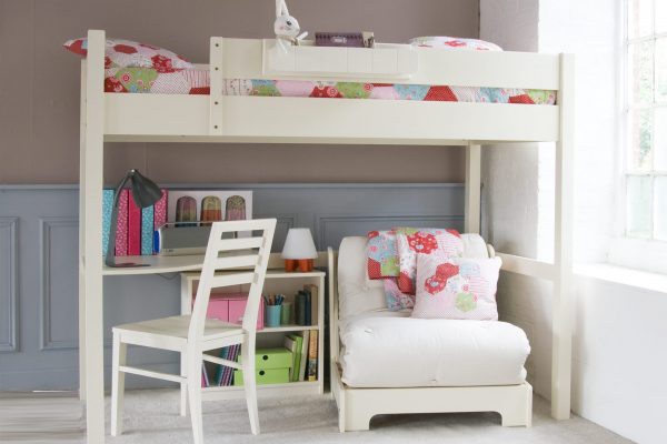 Fargo high sleeper loft bed with a curved corner desk and folded up futon bed, as well as a hook on shelf, ladder back chair and bookcase. Shown in Ivory White.