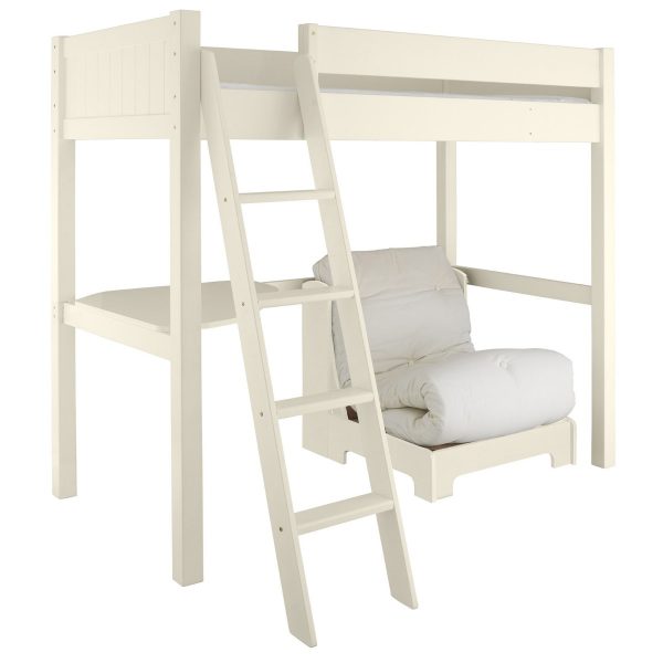 Cut out photo of the Fargo high sleeper with fold out futon, lean-to ladder and corner desk. No background.