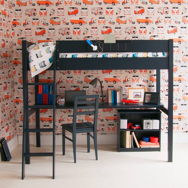 Fargo loft high sleeper bed with desk underneath and bookcase, vintage campervan wallpaper