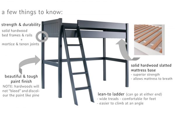 Features & benefits of Fargo loft bed: solid hardwood bedframe, mortice & tenon joints, strong & sturdy