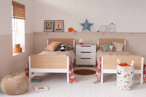 Oak and white twin beds (Th EDIT bunk bed divided down into two full size singles in shared siblings room)