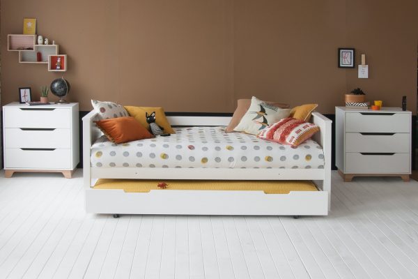 Classic Beech bunk convertible day bed with a roll out trundle for storage and sleepovers, plus 2 chest of drawers