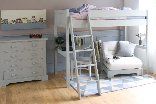 Light grey high sleeper bed with storage, desk, chair, futon and chest of drawers