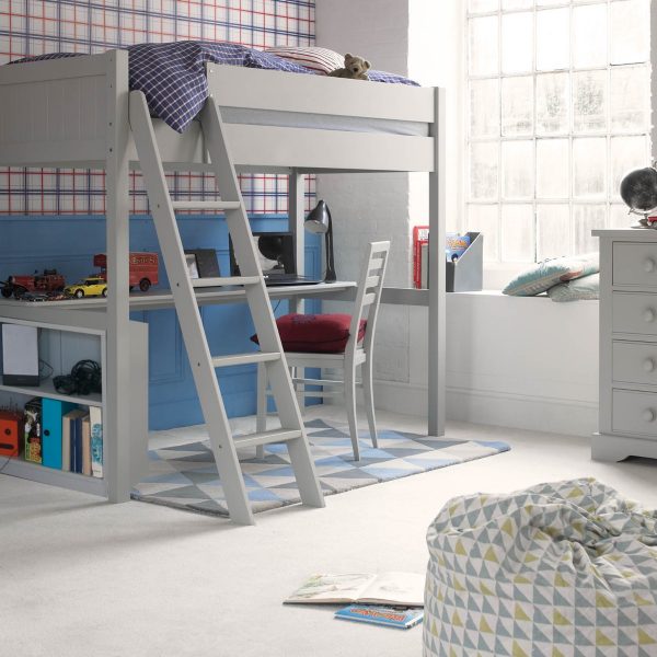 Fargo high sleeper bed with a full length desk and added bookcase on the end.