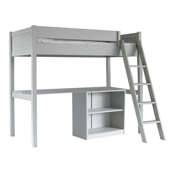 Cut out Fargo high sleeper bed with full length desk and bookcase
