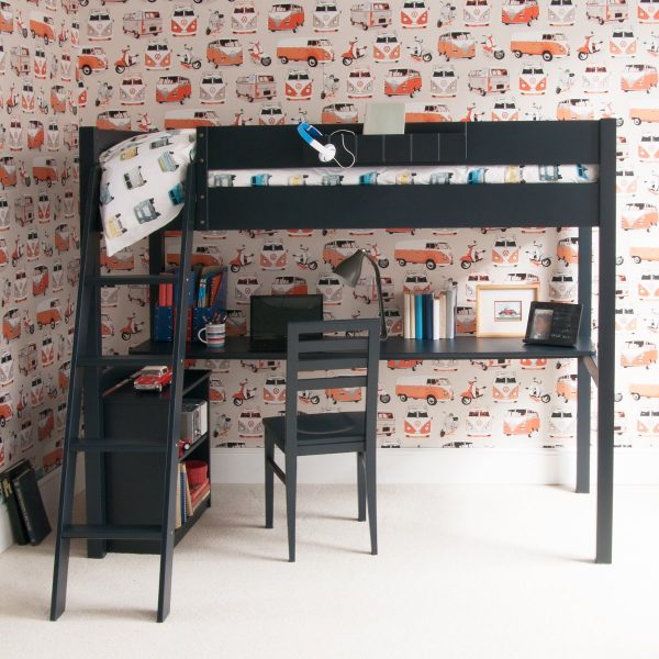 Fargo high sleeper loft bed with a full length study desk and a bookcase on the side
