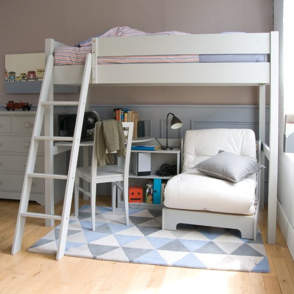Grey high sleeper bunk bed with storage bookcase and corner desk