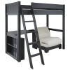 Fargo high sleeper loft bed in dark navy blue, with a storage bookcase, corner desk and futon chair bed.