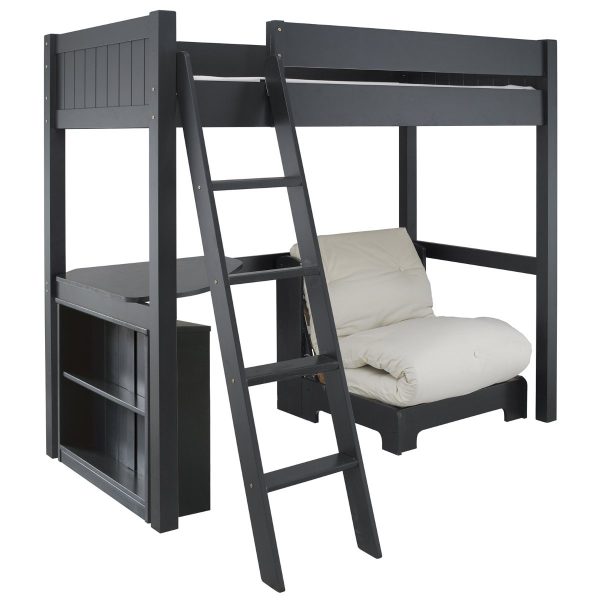 Fargo high sleeper loft bed in dark navy blue, with a storage bookcase, corner desk and futon chair bed.