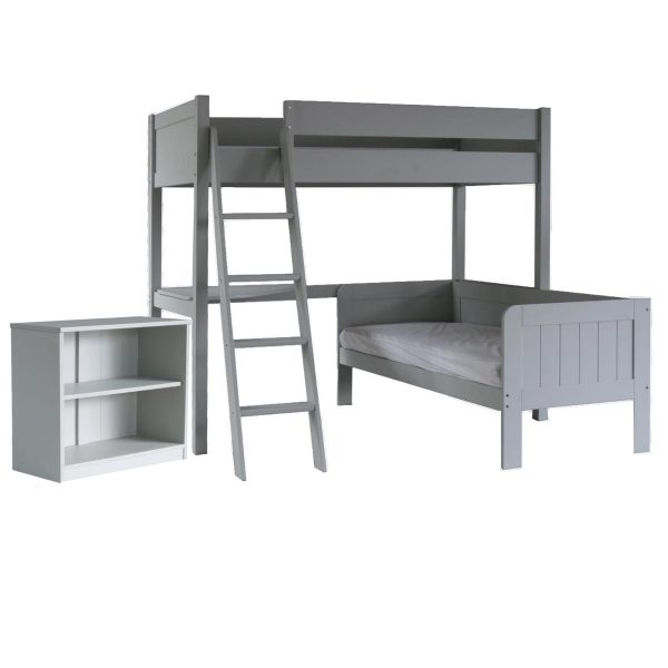 grey high sleeper storage bed with a day bed and a bookcase and corner desk