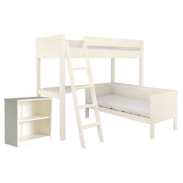 Ivory white Fargo high sleeper bed with a sofa bed, corner bed and bookcase without background.