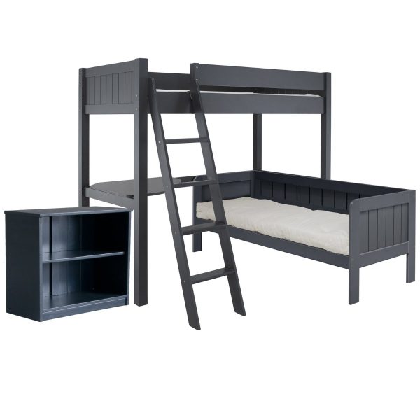 Fargo high sleeper loft bed with sofa bed, corner desk and bookcase with no background, in dark blue
