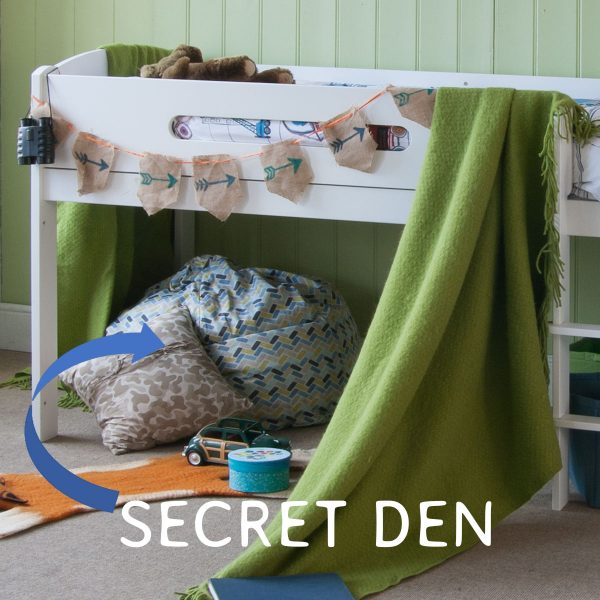 Secret den for kids under sturdy white storage cabin bed