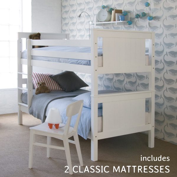 Classic white bunk bed, solid beech frame and ladder,