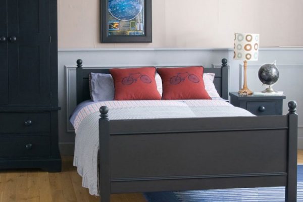 Small double bed for children, Fargo small double bed in Painswick blue, with wardrobe next to it.