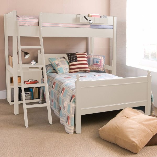 Boys white high sleeper bed with double bed, hook on shelf and storage bookcase