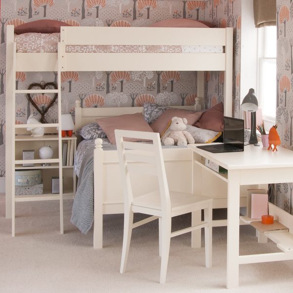 Ivory white Little Folks Furniture bunk bed with double bed below and study desk.