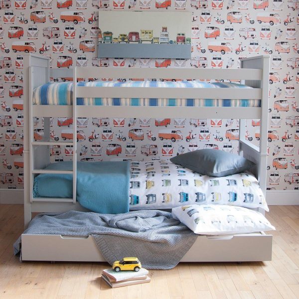 Classic beech bunk bed, dove grey, wooden convertible bunk bed with a storage & sleepover trundle bed