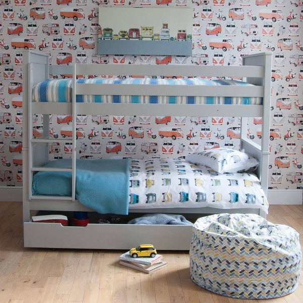 Dividing Classic Beech bunk bed, dove grey, with luxury storage trundle on multidirectional castors