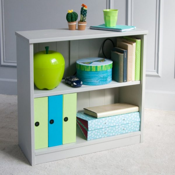Fargo bookcase with one adjustable shelf, lime green and blue accessories