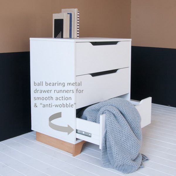 The Edit contemporary 3 drawer chest for kids, with high quality ball bearing metal drawer runners for smooth action & anti wobble