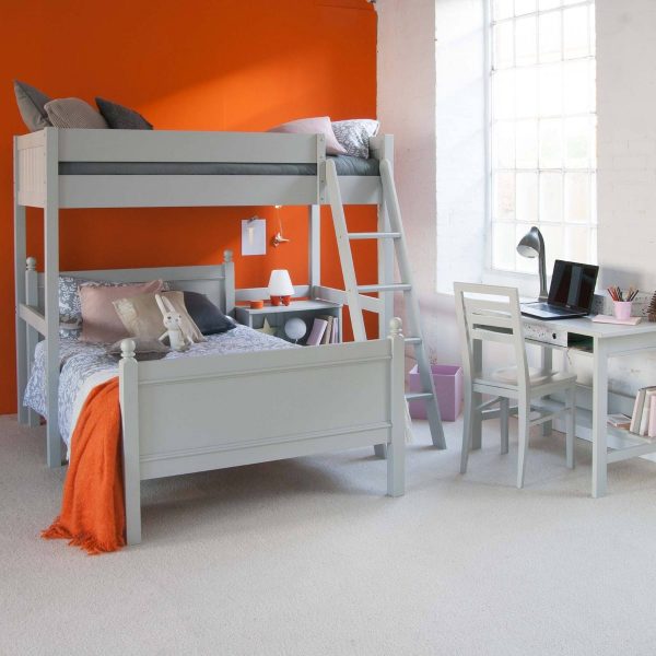 sturdy grey high sleeper bed with small double bed underneath and desk to the side