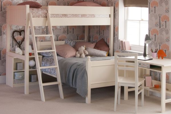 White bunk bed with small double bed and bookcase underneath, girls bedroom