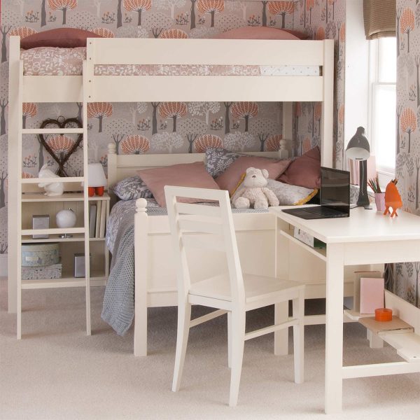 Desk, high sleeper bed and bookcase for kids, ivory white, in girls bedroom