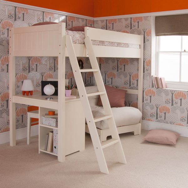 White high sleeper bed with futon and desk in girls bedroom