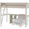White wooden high sleeper with storage desk and fold out futon
