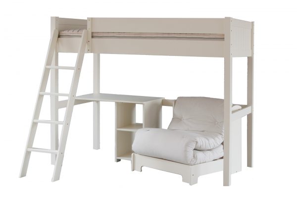 White wooden high sleeper with storage desk and fold out futon