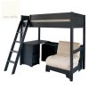 cut out of a bunk bed on top with a storage desk and folded up futon chair bed underneath.