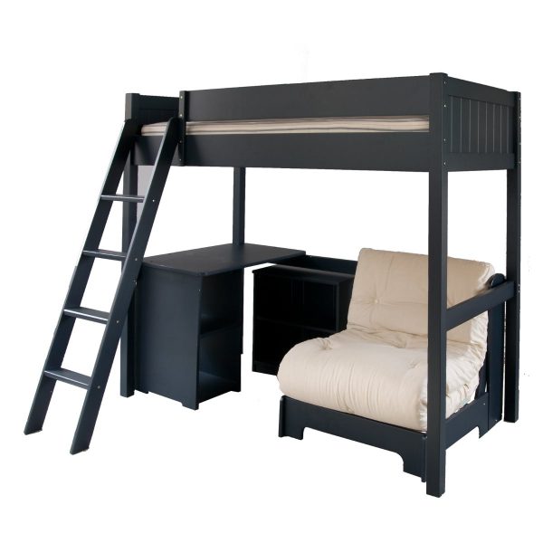 high sleeper loft bed with a bunk bed on top and storage desk, bookcase and futon underneath.