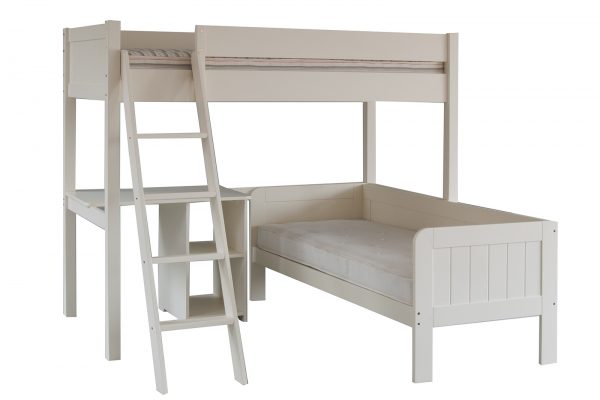 White high sleeper Fargo loft bed, with a sofa bed and a storage desk underneath