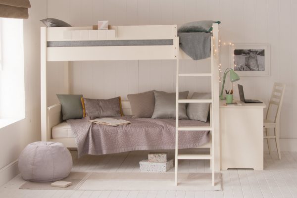 White bunk bed with day bed and storage desk, white classic