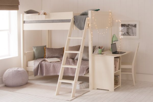 Fargo high sleeper loft bed with storage desk on side, and day bed underneath, in white classic bedroom