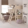 Ivory White Fargo loft bed with day bed underneath and storage desk, cast iron fireplace