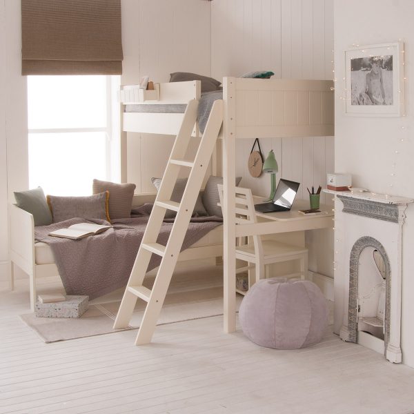 Ivory White Fargo loft bed with day bed underneath and storage desk, cast iron fireplace