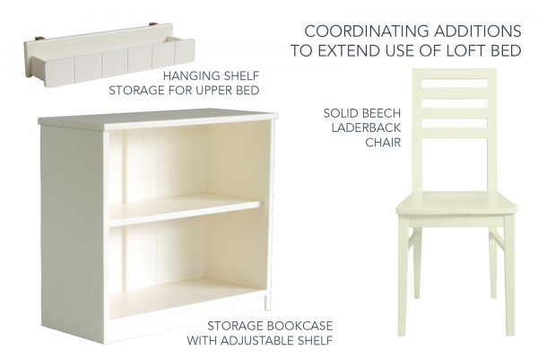 white painted wood furniture; bookcase, shelf and chair for children
