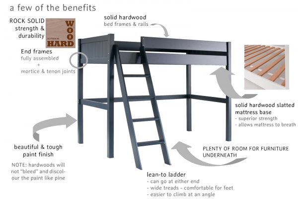 Specification for Ivory White Fargo high sleeper bed: solid hardwood frame, mortice&tenon joints, sturdy& long lasting