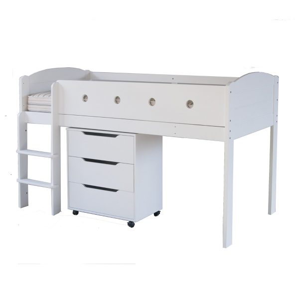 White mid sleeper cabin bed with a chest of drawers underneath and a fixed ladder with wide treads on the left hand side