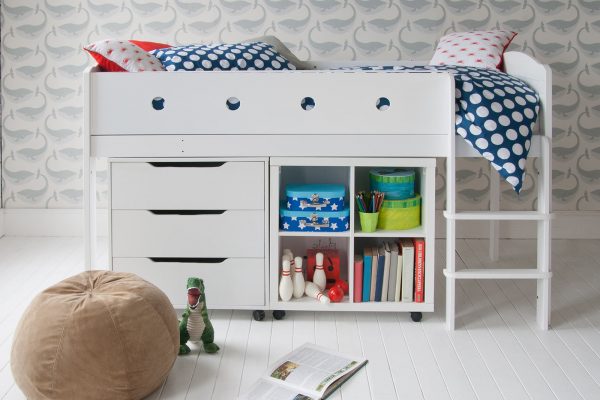 mid sleeper cabin bed with storage, whale wallpaper background