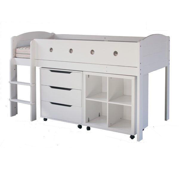 Quality white Mid sleeper cabin bed with lots of storage, chest of drawers and open cupboard unit.